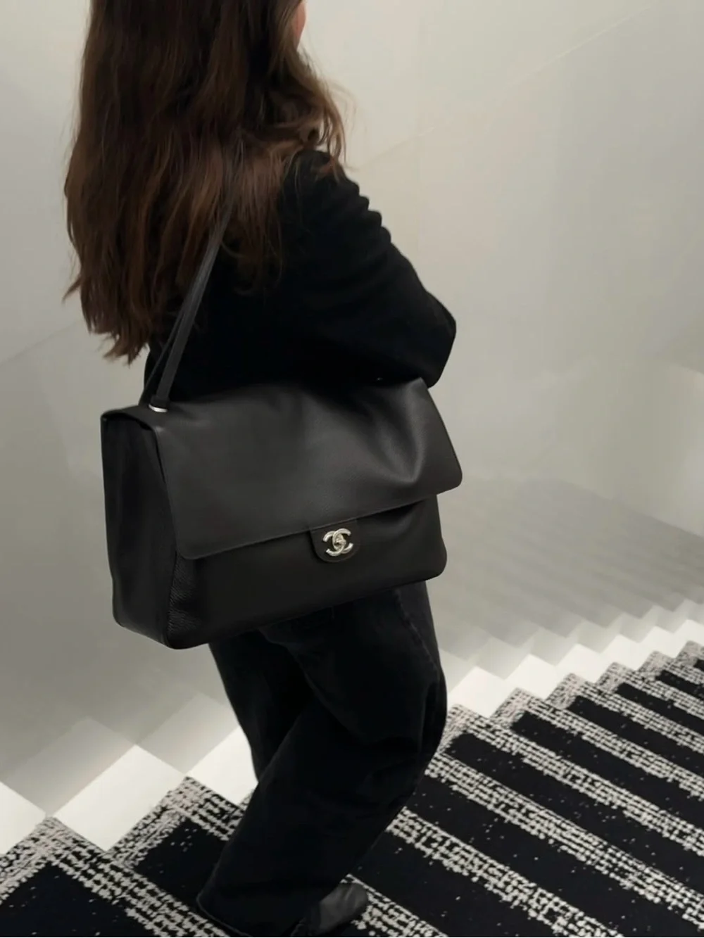 Black Leather Shoulder Flap Bag with CC Turn-Lock